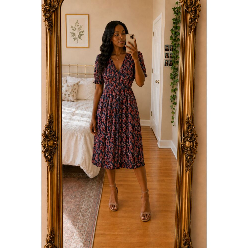 Heroines Floral Button Front Midi Dress Size 4 Pockets Cottagecore NWT